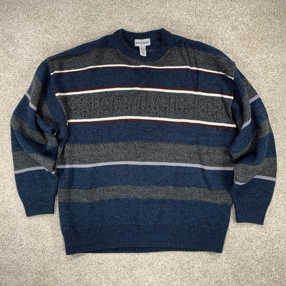 VTG David Taylor Pullover Sweater‎ XL Knit 90s Grandpa Preppy Blue Gray Striped